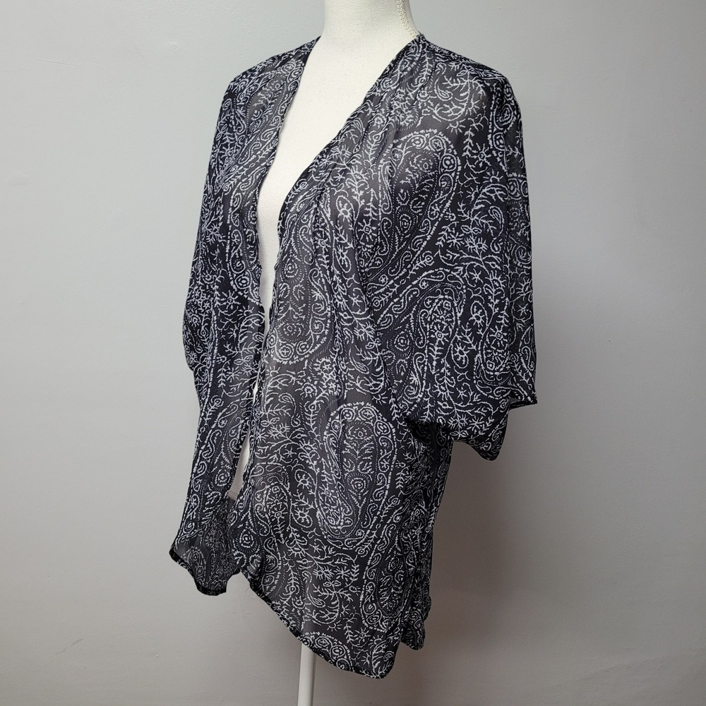 Sheer Black Paisley Print Kimono Duster Open Front Dolman Sleeve Womens Size L‎
